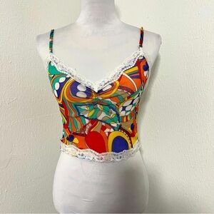 Timing Medium Spaghetti Strap Camisole Boho Geometric Print Lace Trim Crop Top